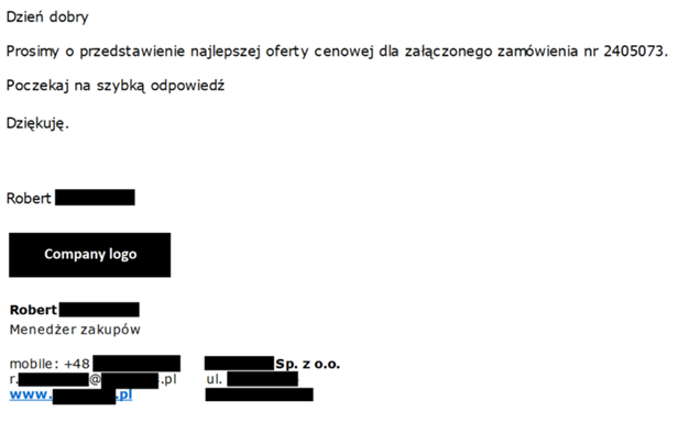 Wiadomość e-mail z ofertą biznesową wysłana do ofiary phishingu.